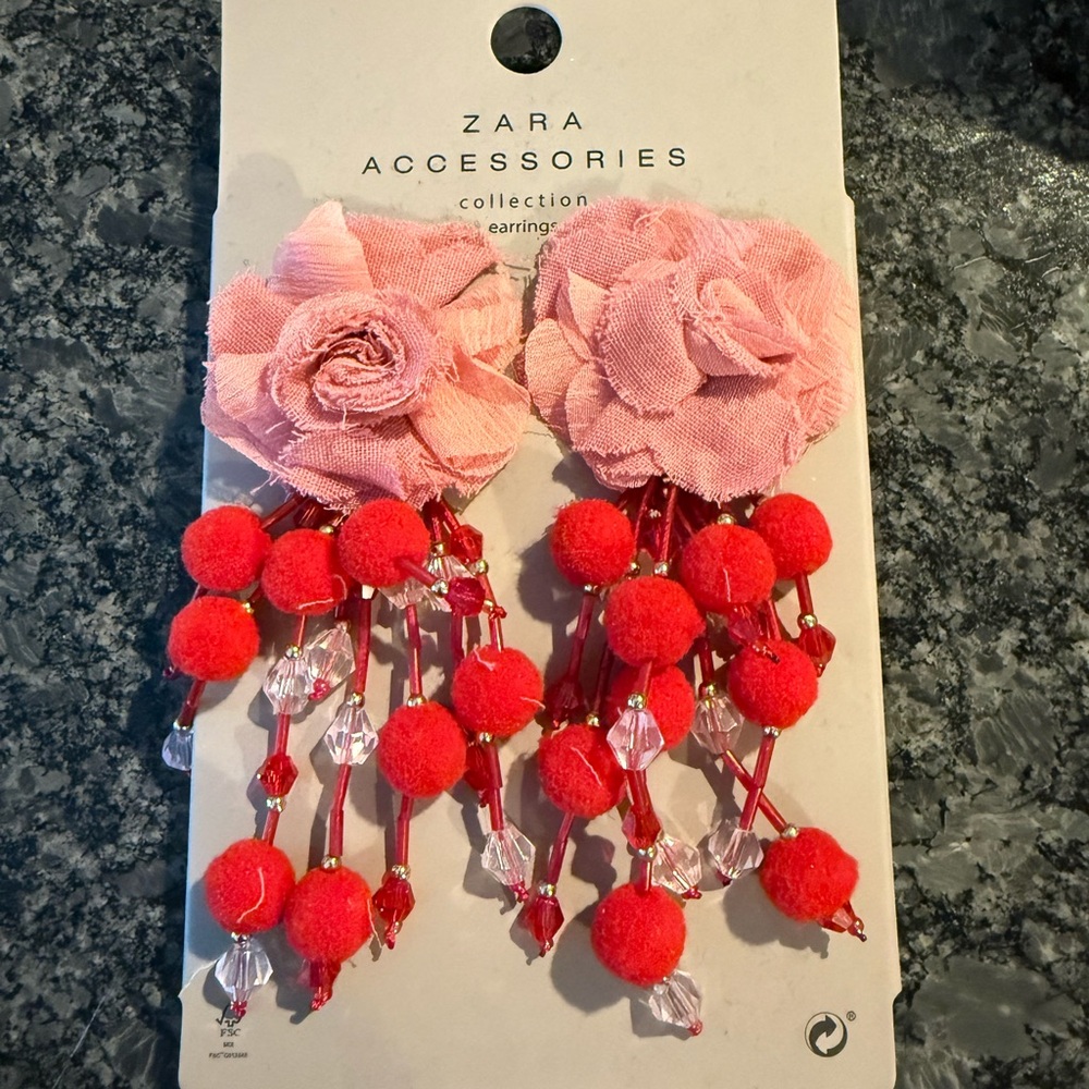 Zara Pink Floral Earrings with Red Accents